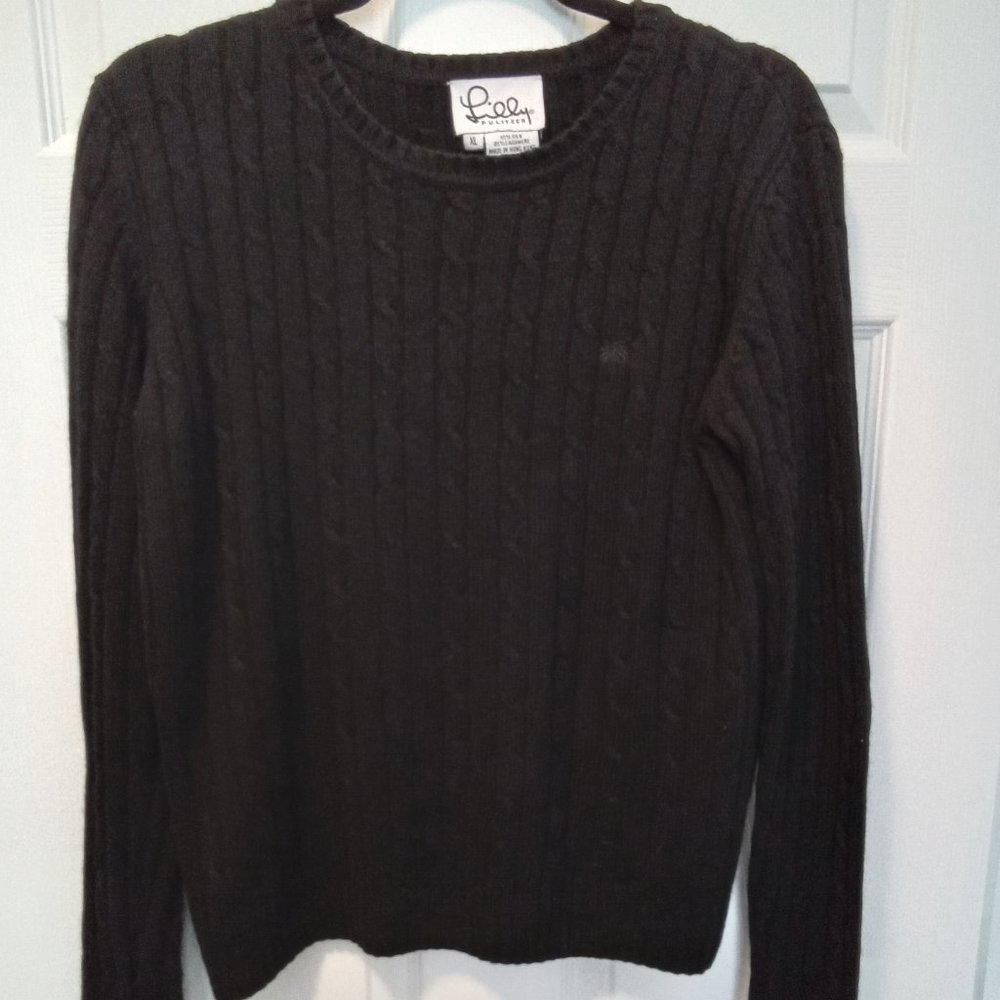 LILLY PULITZER CREW NECK LONG SLEEVE SWEATER,  BLACK CABLE STITCH, SIZE XL